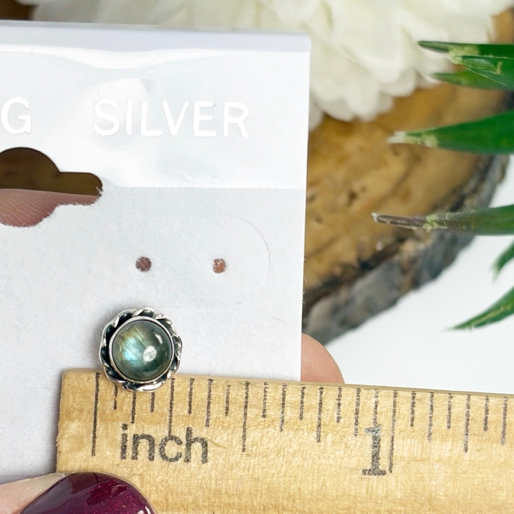 Blue & Green Flash Labradorite Earrings Pure Sterling Silver 925 Round Stud New - Picture 7 of 7